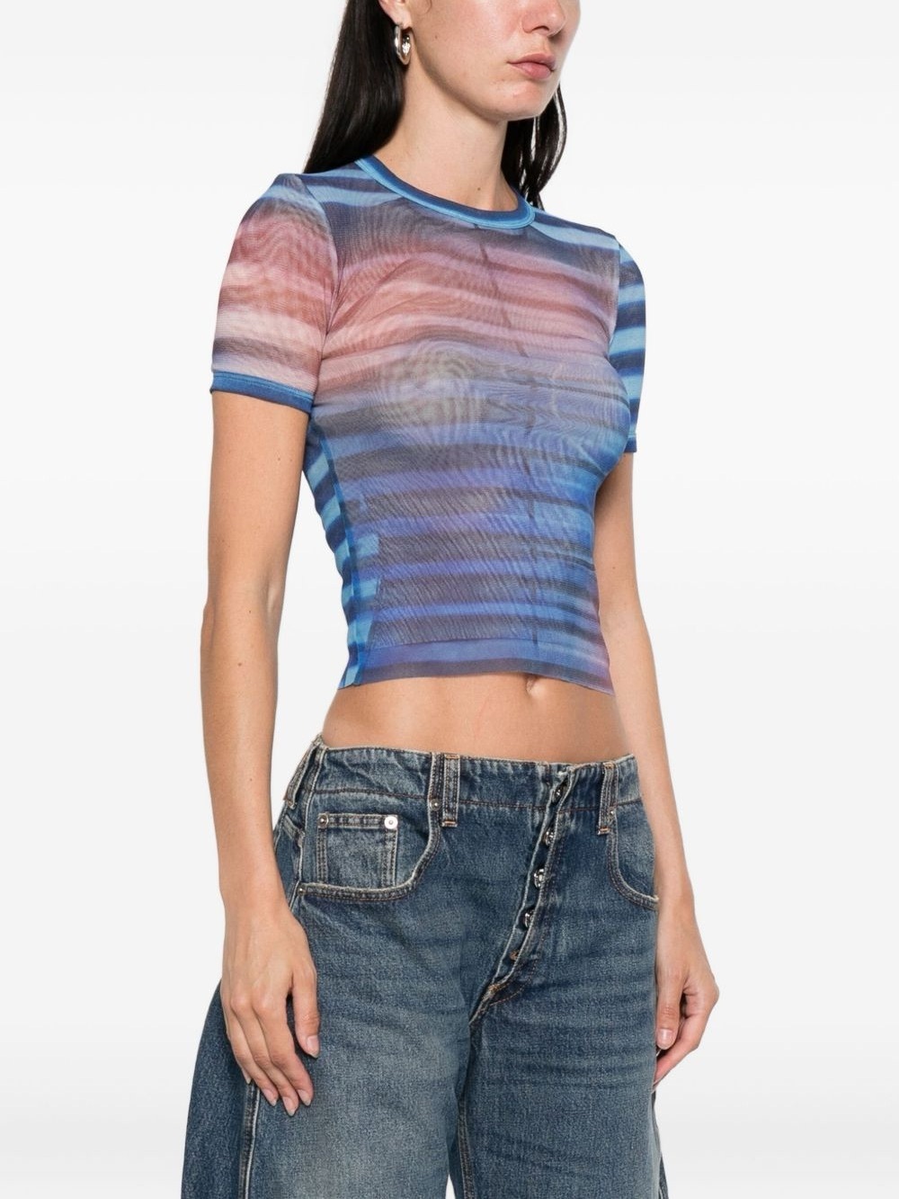 Jean Paul Gaultier Air Print Mesh Top Baby Tee XS US 2 Semisheer Striped NWT